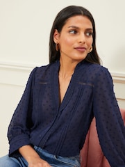 Love & Roses Navy Dobby Spot Lace Trim 3/4 Sleeve Button Through Blouse - Image 3 of 4