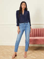 Love & Roses Navy Dobby Spot Lace Trim 3/4 Sleeve Button Through Blouse - Image 4 of 4