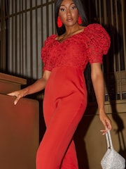 Chi Chi London Red Puff Sleeve Floral Jumpsuit - Image 3 of 5