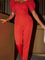 Chi Chi London Red Puff Sleeve Floral Jumpsuit - Image 4 of 5