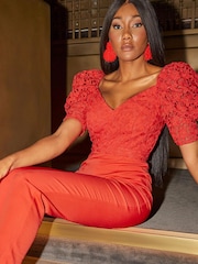 Chi Chi London Red Puff Sleeve Floral Jumpsuit - Image 5 of 5