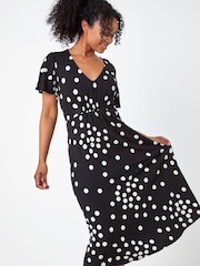 Roman Black & White Petite Polka Dot Stretch Midi Dress - Image 1 of 5
