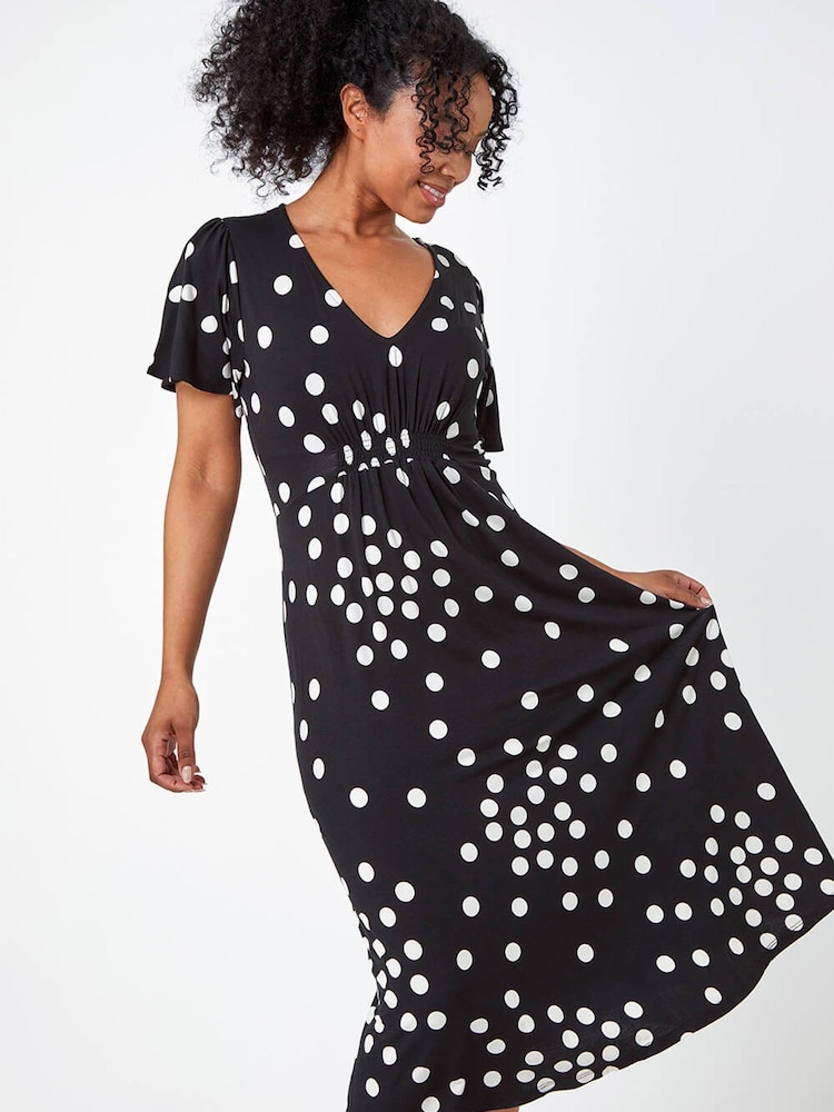 Roman Black & White Petite Polka Dot Stretch Midi Dress - Image 1 of 5