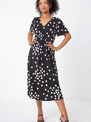 Roman Black & White Petite Polka Dot Stretch Midi Dress - Image 2 of 5