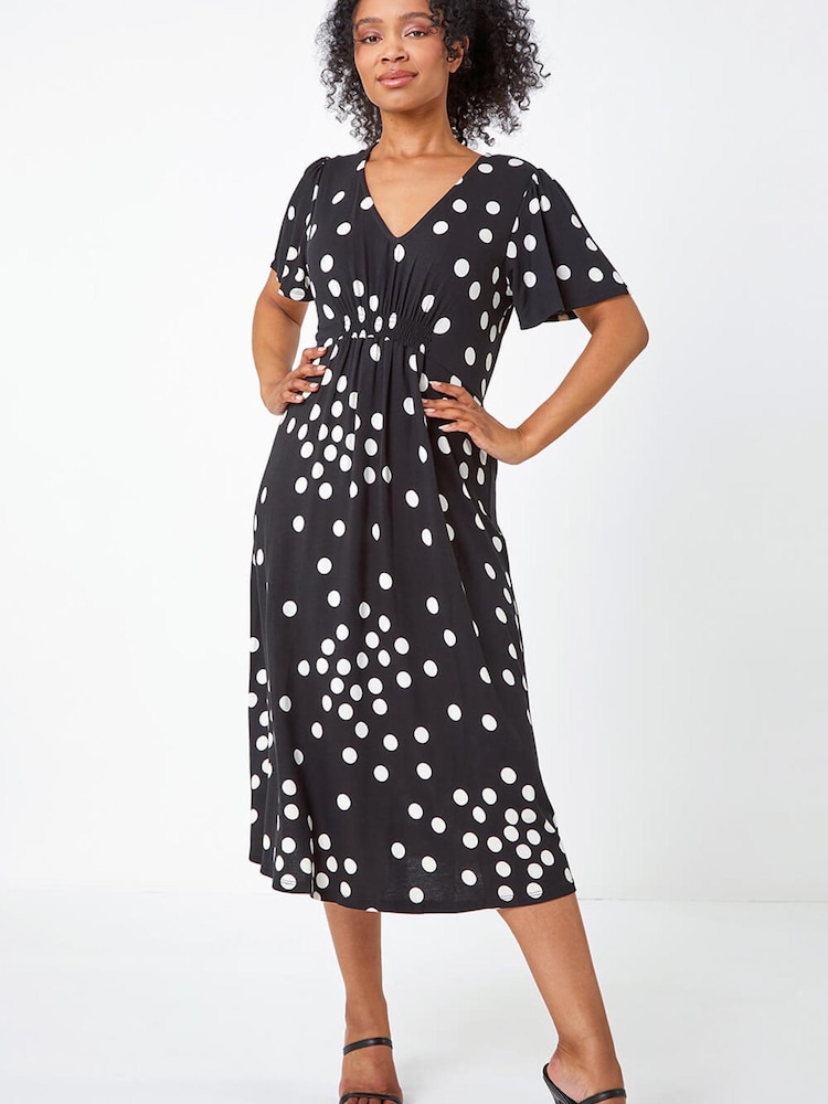 Roman Black & White Petite Polka Dot Stretch Midi Dress - Image 2 of 5