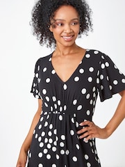 Roman Black & White Petite Polka Dot Stretch Midi Dress - Image 4 of 5