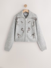 Gris - Cardigan en maille à Manches longues à Col rond Fleuri - Image 1 de 3