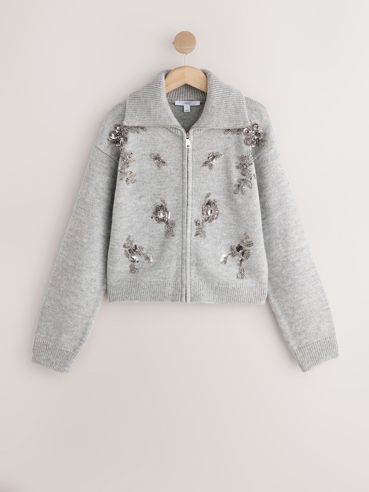 Gris - Cardigan en maille à Manches longues à Col rond Fleuri - Image 1 de 3
