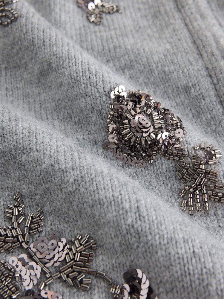 Gris - Cardigan en maille à Manches longues à Col rond Fleuri - Image 2 de 3