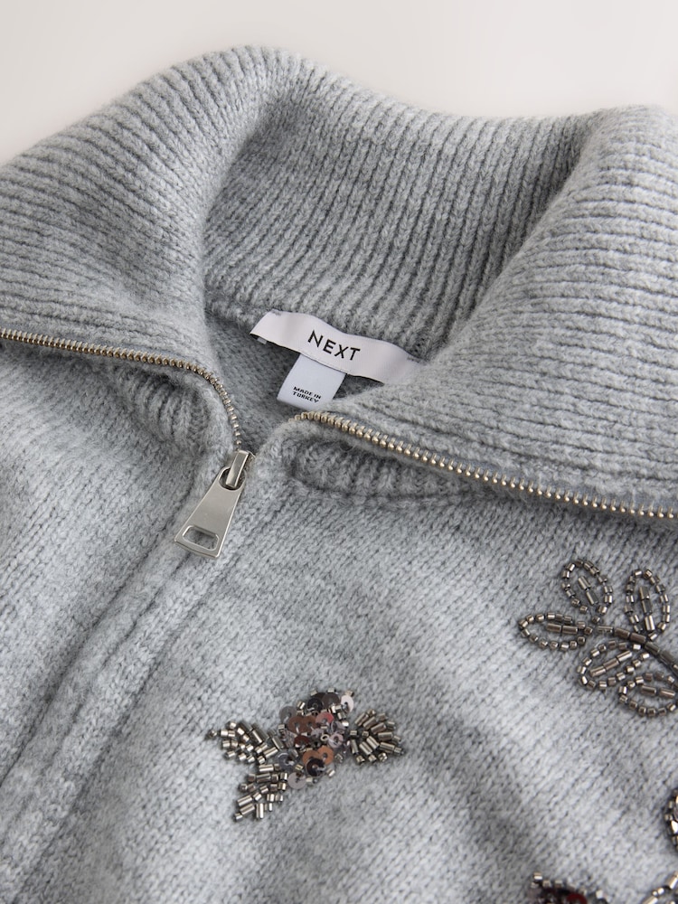 Gris - Cardigan en maille à Manches longues à Col rond Fleuri - Image 3 de 3