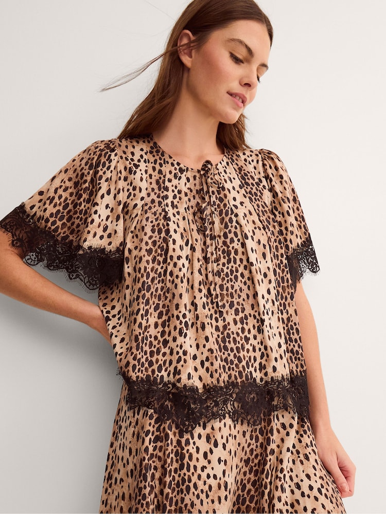 Monsoon Brown Babette Leopard Print Lace Top - Image 1 of 5 Monsoon Brown Babette Leopard Print Lace Top - Image 1 of 5