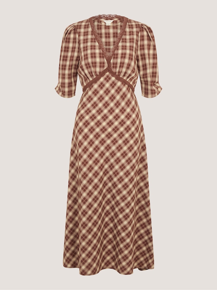 Monsoon Brown Frankie Check Print Midi Dress - Image 6 of 6