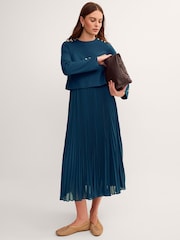 Monsoon Blue Penny Long Sleeve Pleated Midi Dress - Image 1 of 4