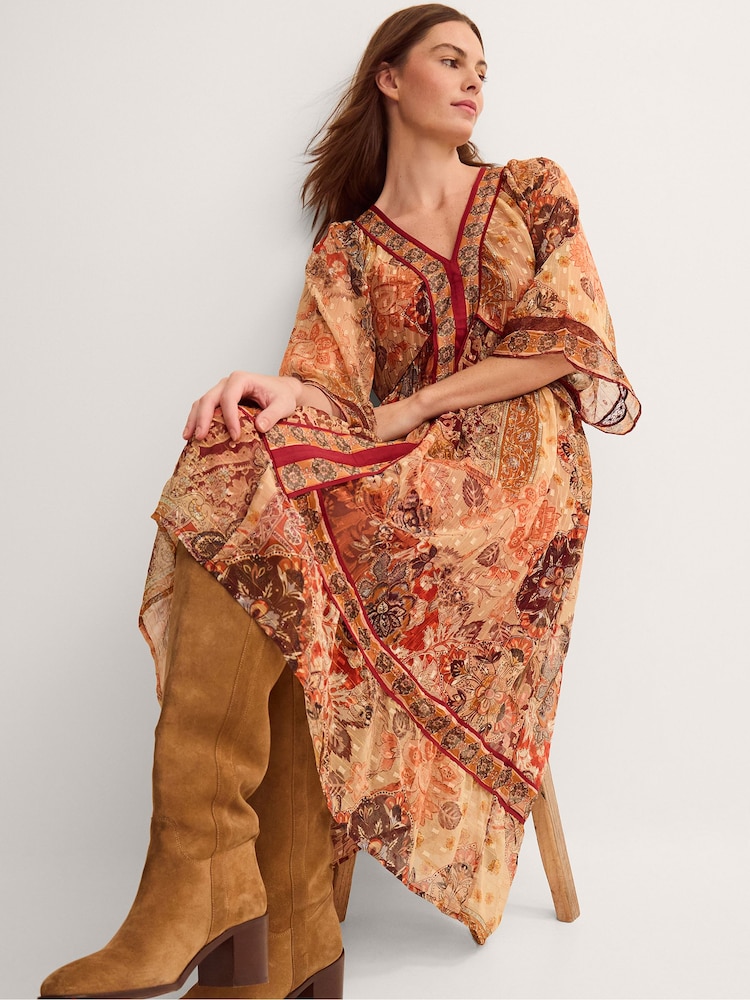 Monsoon Brown Evelina Shimmer Floral Print Midi Dress - Image 1 of 6