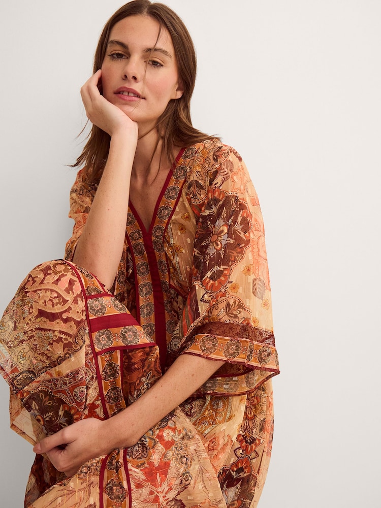 Monsoon Brown Evelina Shimmer Floral Print Midi Dress - Image 2 of 6
