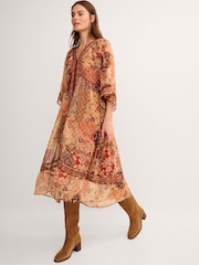 Monsoon Brown Evelina Shimmer Floral Print Midi Dress - Image 5 of 6