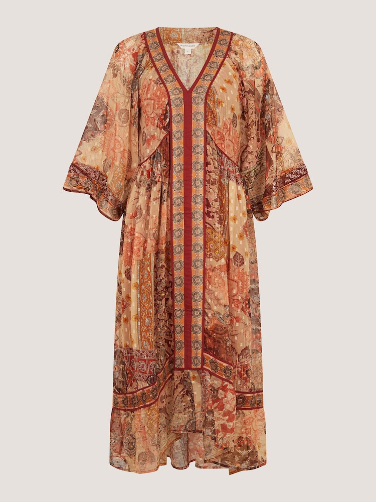 Monsoon Brown Evelina Shimmer Floral Print Midi Dress - Image 6 of 6