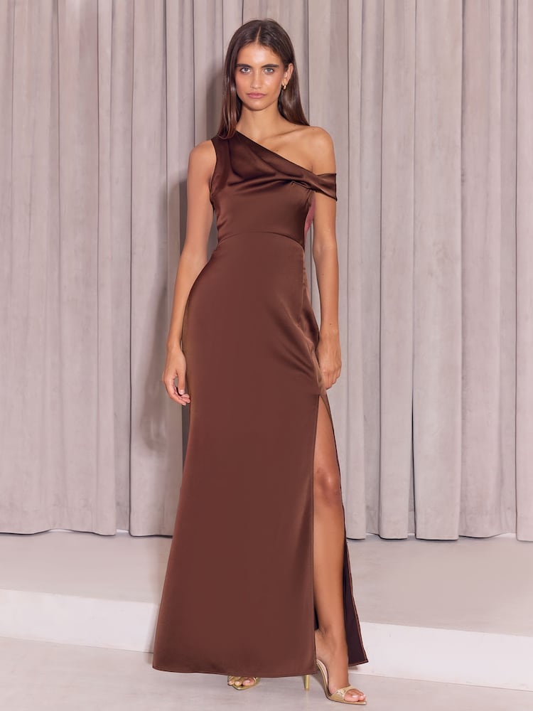 Lipsy Chocolate Brown Bridesmaid Satin One Shoulder Fit And Flare Maxi Dress - Image 1 of 4