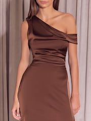Lipsy Chocolate Brown Bridesmaid Satin One Shoulder Fit And Flare Maxi Dress - Image 2 of 4