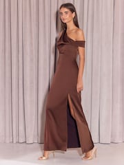Lipsy Chocolate Brown Bridesmaid Satin One Shoulder Fit And Flare Maxi Dress - Image 3 of 4