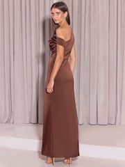 Lipsy Chocolate Brown Bridesmaid Satin One Shoulder Fit And Flare Maxi Dress - Image 4 of 4