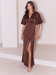 Lipsy Chocolate Brown Bridesmaid Satin V-Neck Fit And Flare Maxi Dress - Image 1 of 4