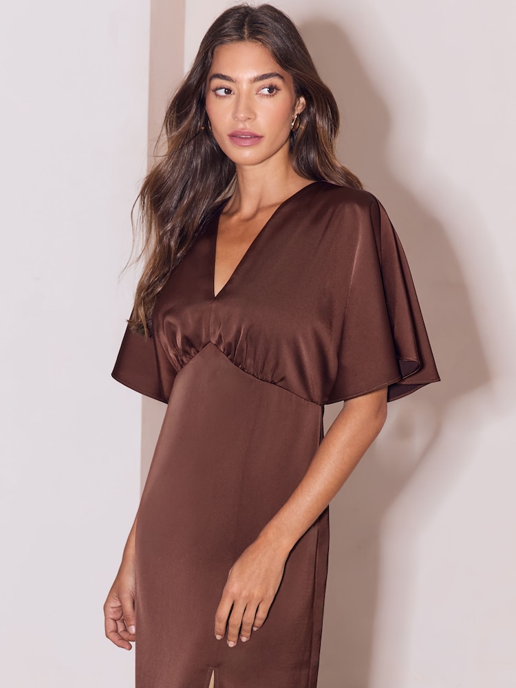 Lipsy Chocolate Brown Bridesmaid Satin V-Neck Fit And Flare Maxi Dress - Image 2 of 4