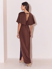 Lipsy Chocolate Brown Bridesmaid Satin V-Neck Fit And Flare Maxi Dress - Image 4 of 4