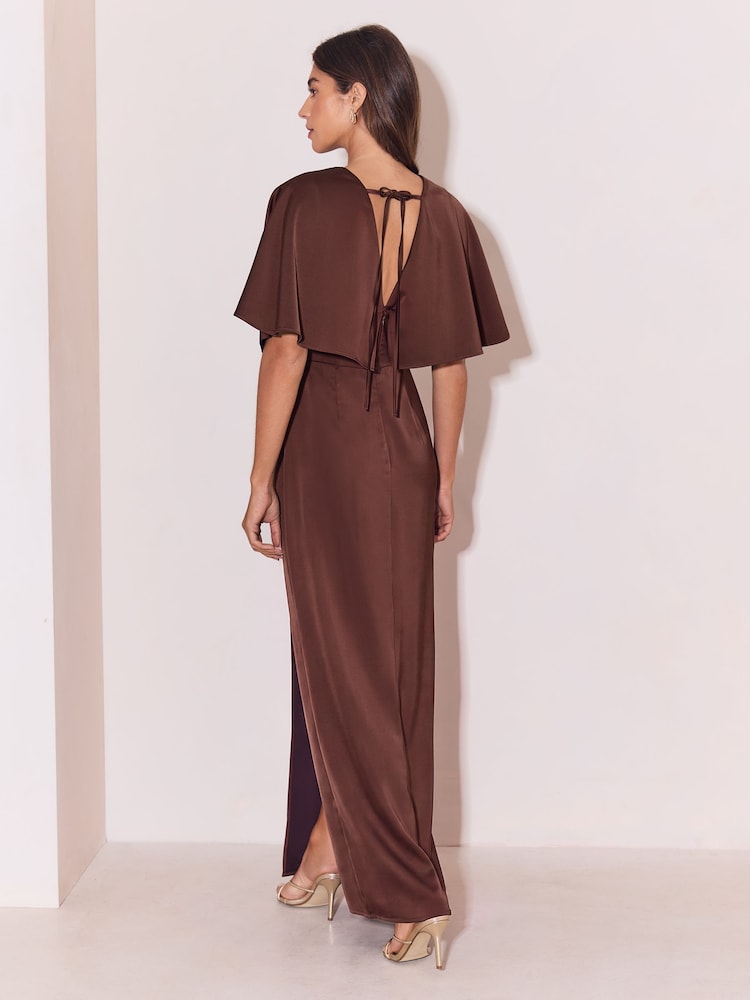 Lipsy Chocolate Brown Bridesmaid Satin V-Neck Fit And Flare Maxi Dress - Image 4 of 4