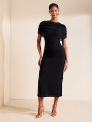 Friends Like These Black Petite Draped Overlay Chiffon Cape Midi Dress - Image 4 of 6