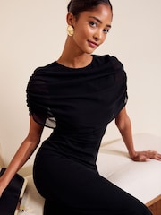 Friends Like These Black Petite Draped Overlay Chiffon Cape Midi Dress - Image 5 of 6