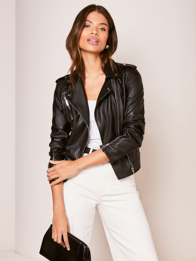 Lipsy Black Petite Faux Leather Biker Jacket - Image 4 of 6
