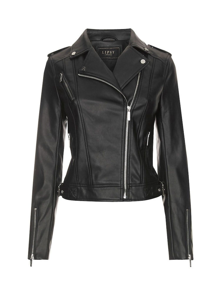 Lipsy Black Petite Faux Leather Biker Jacket - Image 5 of 6