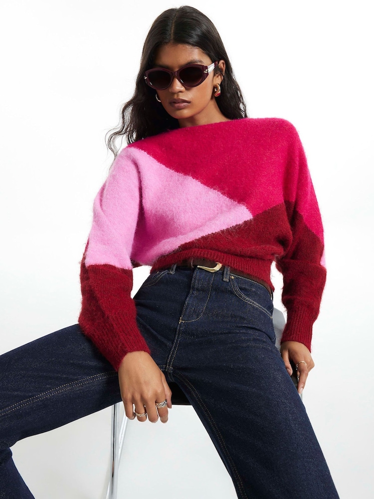 River Island Red Long Sleeve Blocked Batwing Jumper - Image 2 of 4 River Island Red Long Sleeve Blocked Batwing Jumper - Image 2 of 4
