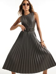 River Island Grey Belted Pleated Long Sleeve Midi Dress - Image 1 of 4