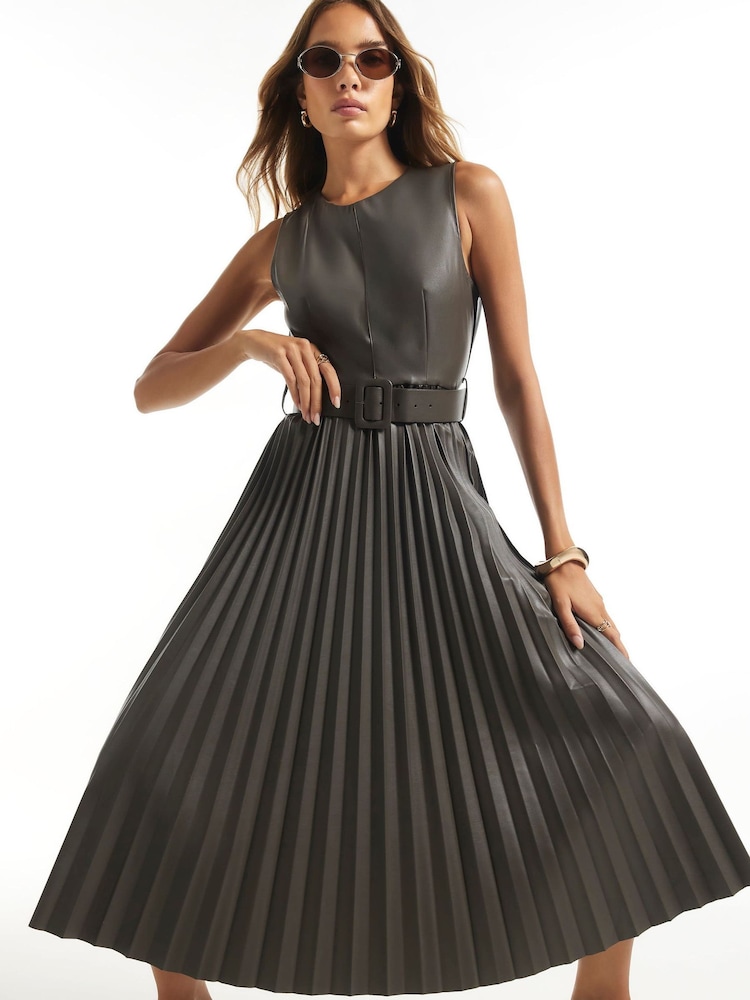 River Island Grey Belted Pleated Long Sleeve Midi Dress - Image 1 of 4 River Island Grey Belted Pleated Long Sleeve Midi Dress - Image 1 of 4