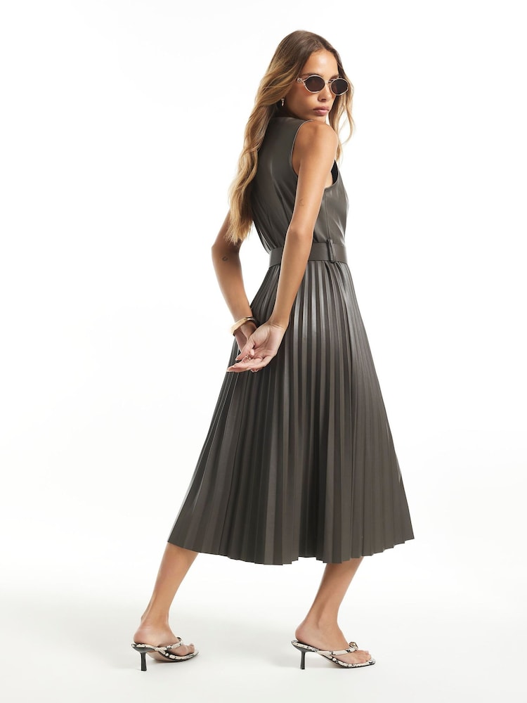 River Island Grey Belted Pleated Long Sleeve Midi Dress - Image 4 of 4 River Island Grey Belted Pleated Long Sleeve Midi Dress - Image 4 of 4