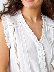 Roman White Sleeveless Ruffle Detail Cotton Top - Image 5 of 5