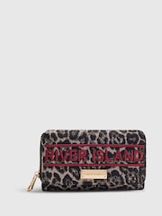 River Island Brown Leopard Jacquard Logo Flap Purse - Image 1 of 5
