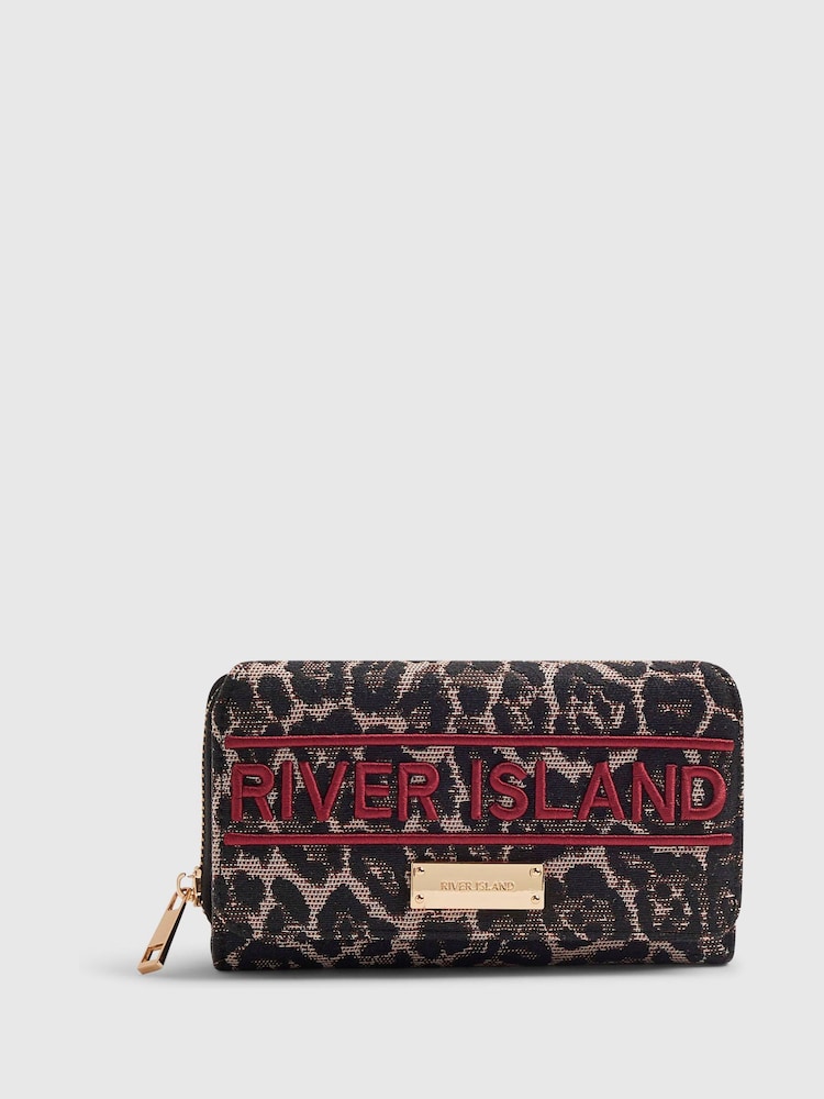 River Island Brown Leopard Jacquard Logo Flap Purse - Image 1 of 5