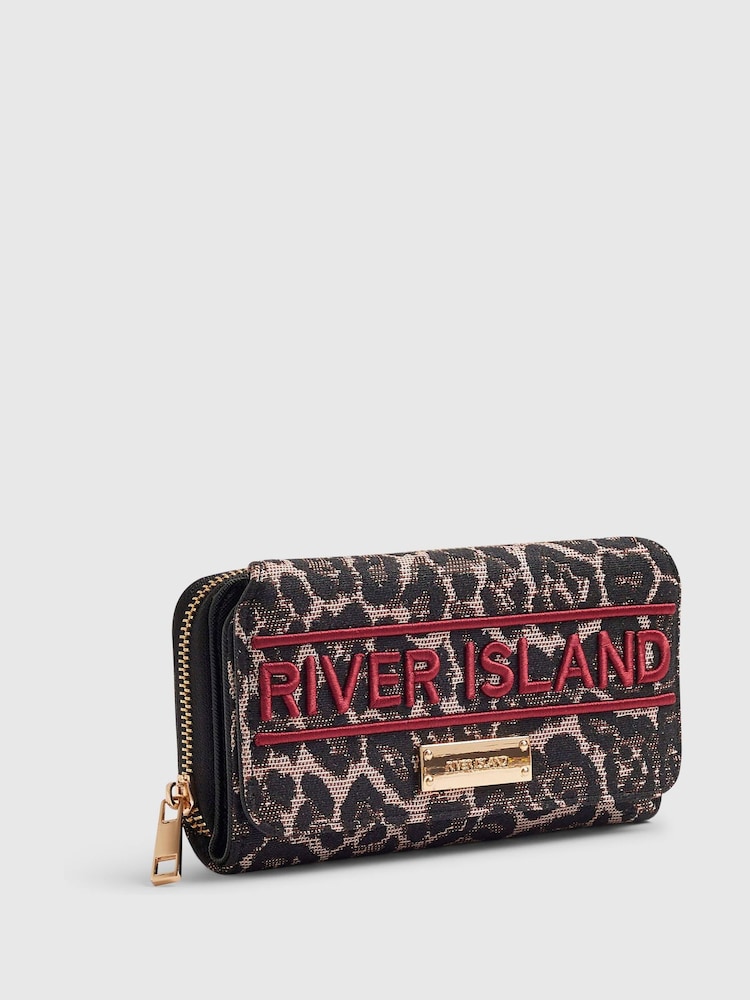River Island Brown Leopard Jacquard Logo Flap Purse - Image 2 of 5