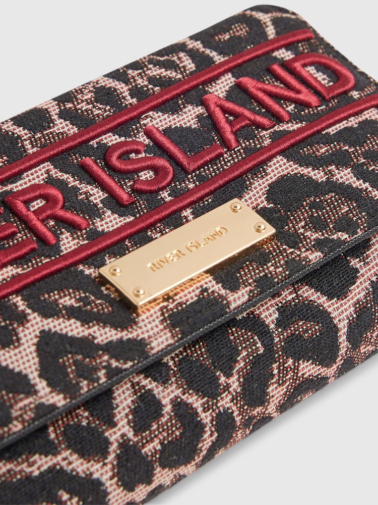 River Island Brown Leopard Jacquard Logo Flap Purse - Image 5 of 5