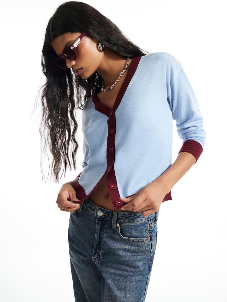 River Island Blue V-Neck Blocked Cardigan - Image 2 of 4