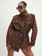 River Island Brown Check Funnel Neck Parka Jacket - Image 1 of 4