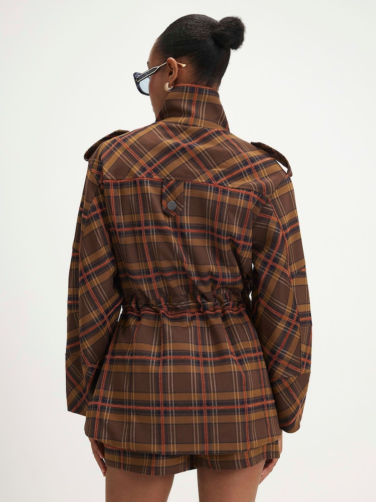 River Island Brown Check Funnel Neck Parka Jacket - Image 2 of 4