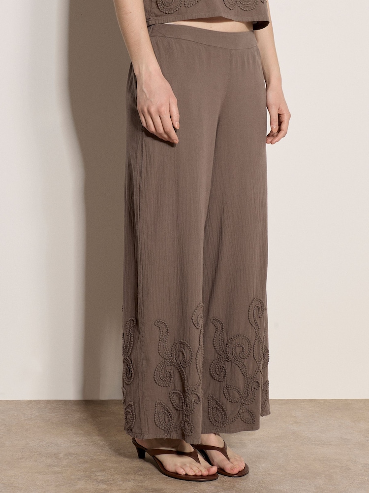 Apricot Natural Embroidered Cotton Wide-Leg Trousers - Image 1 of 4