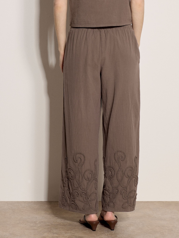 Apricot Natural Embroidered Cotton Wide-Leg Trousers - Image 4 of 4