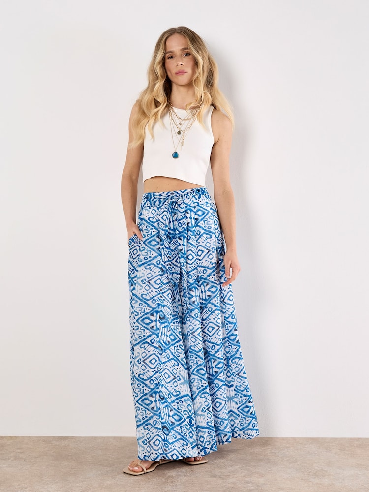 Apricot Blue Lightweight Ikat Palazzo Trousers - Image 1 of 4