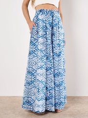 Apricot Blue Lightweight Ikat Palazzo Trousers - Image 2 of 4