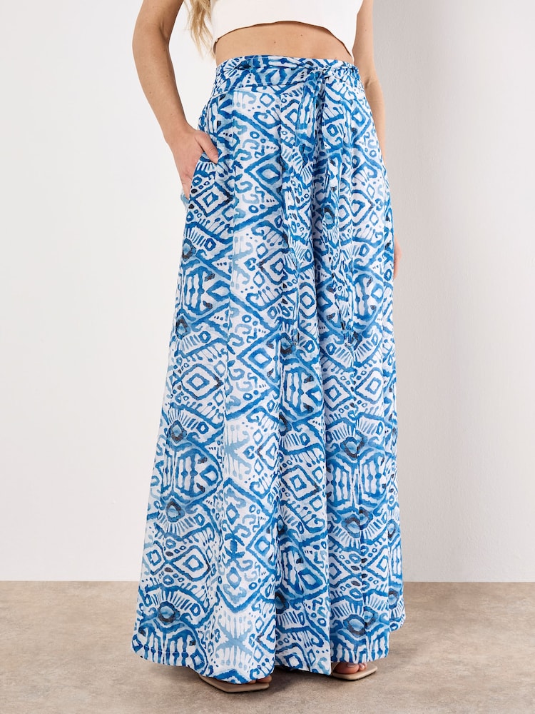 Apricot Blue Lightweight Ikat Palazzo Trousers - Image 2 of 4